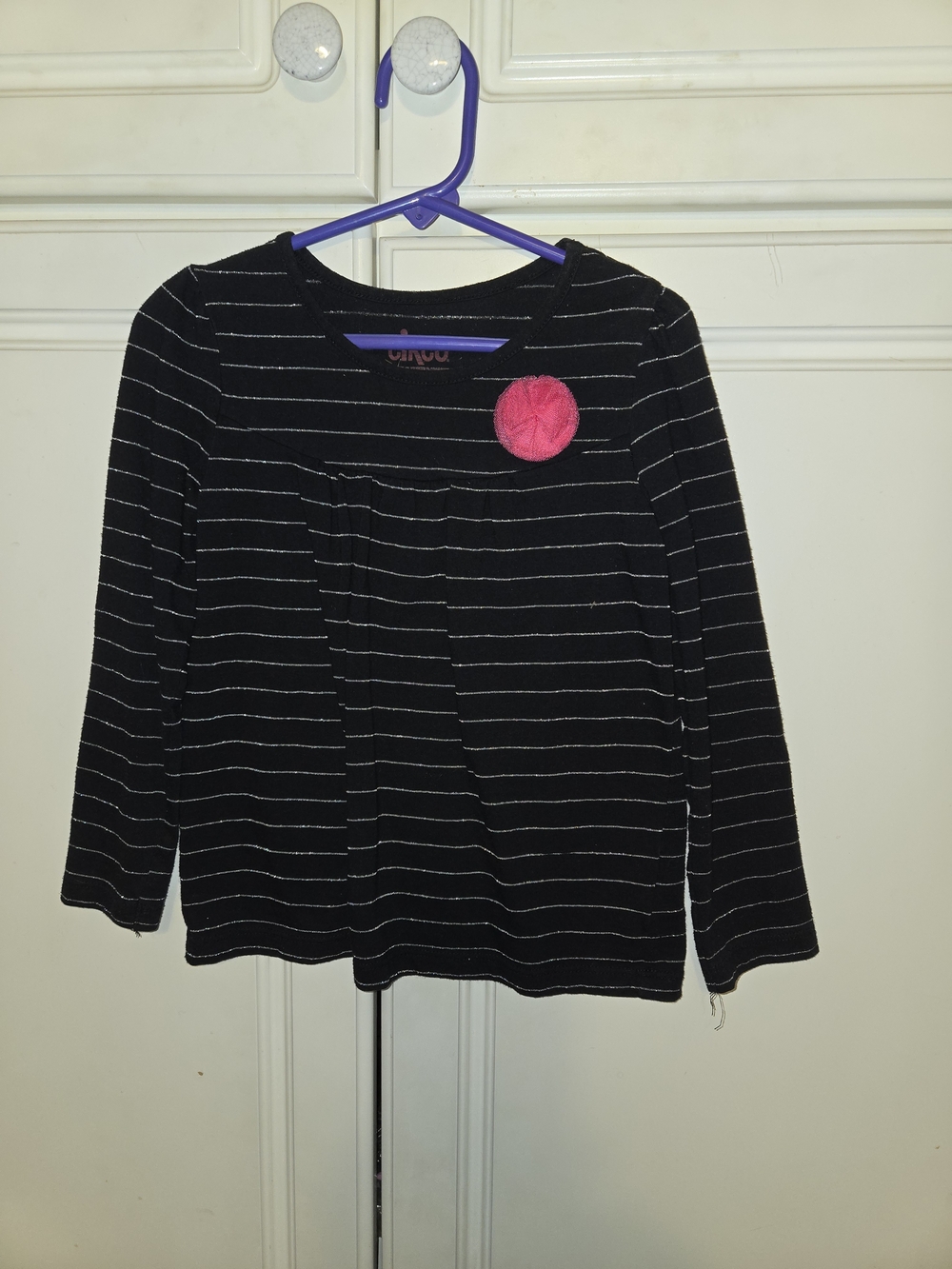 Circo Black Striped Long Sleeve Top with Pink Rosette